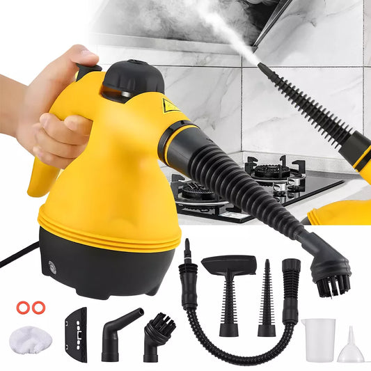 Limpiador a vapor portátil amarillo en uso con manguera y accesorios de limpieza
