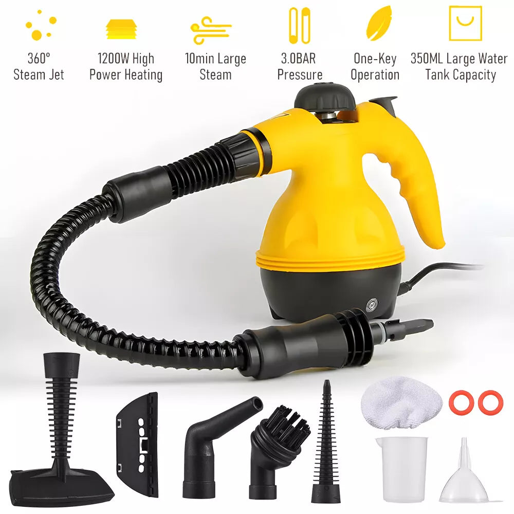 Limpiador a vapor portátil de 1050 W con manguera y kit de nueve accesorios
