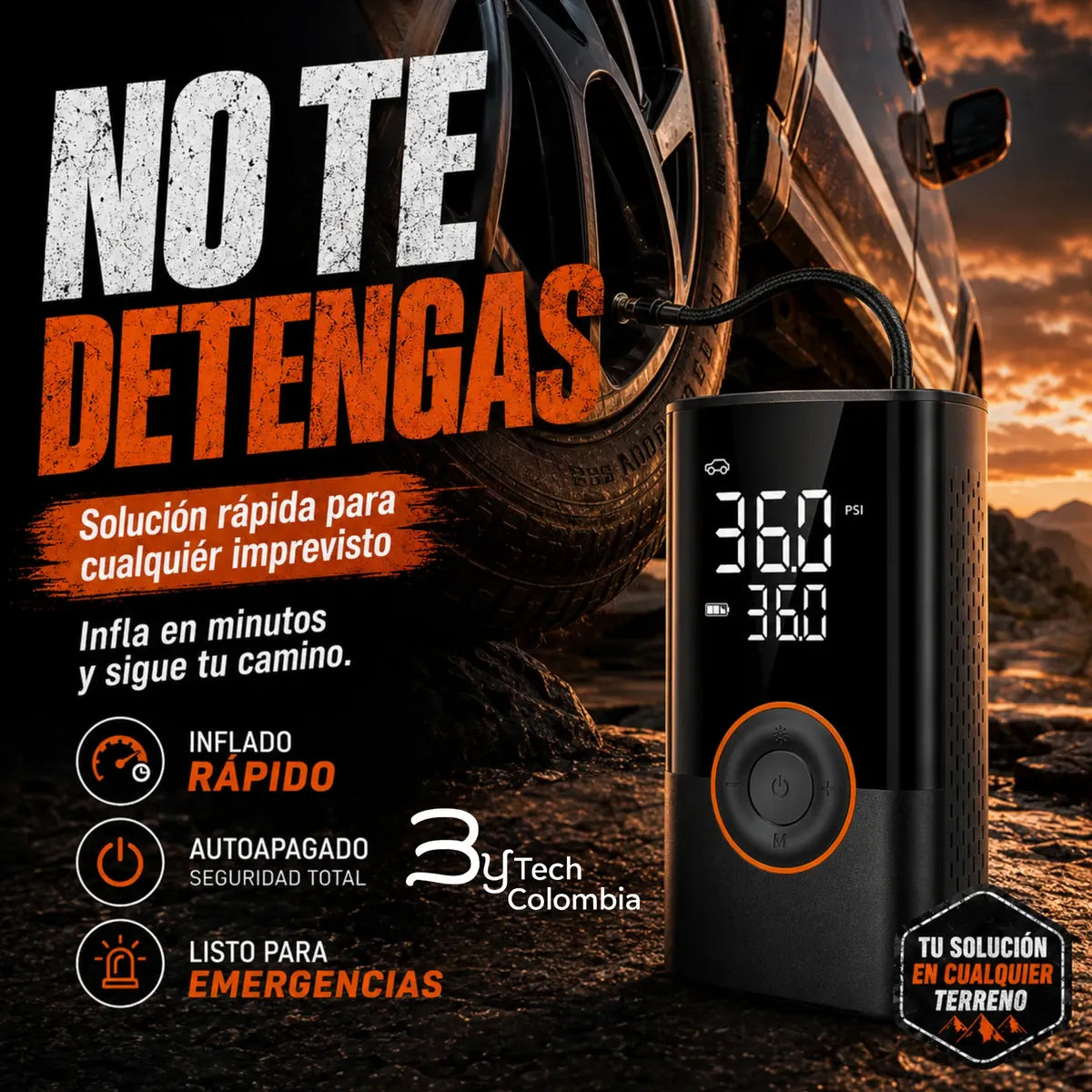 Inflador de llantas negro presentado como equipo portátil para emergencias del vehículo
