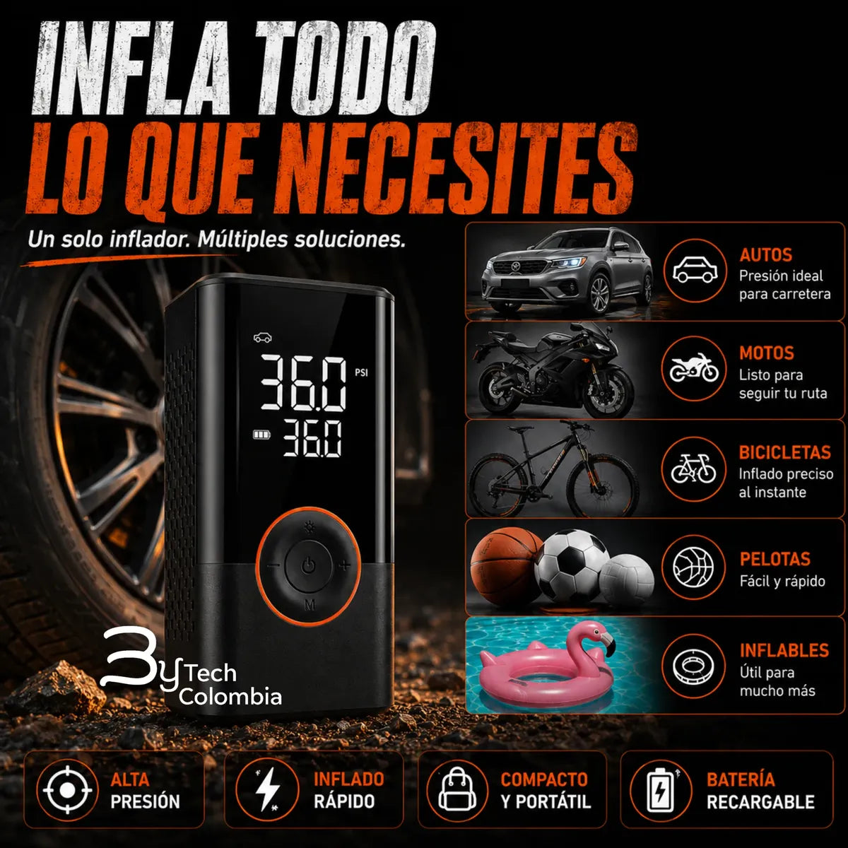 Inflador portátil digital de 150 PSI con adaptadores y funciones destacadas
