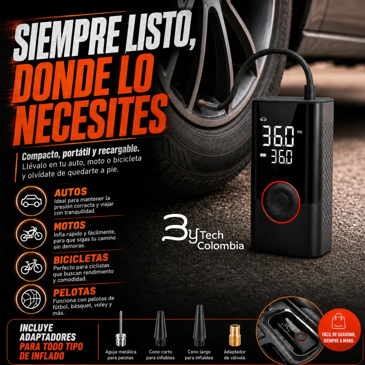 Inflador digital recargable con manguera y accesorios para diferentes válvulas
