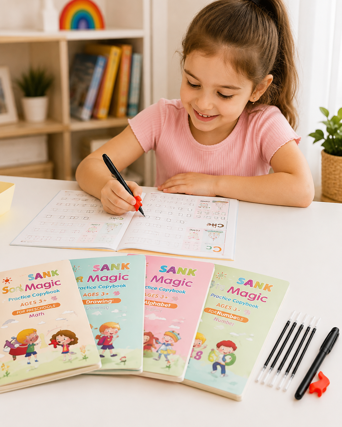 Niño practicando escritura con libros de caligrafía Montessori