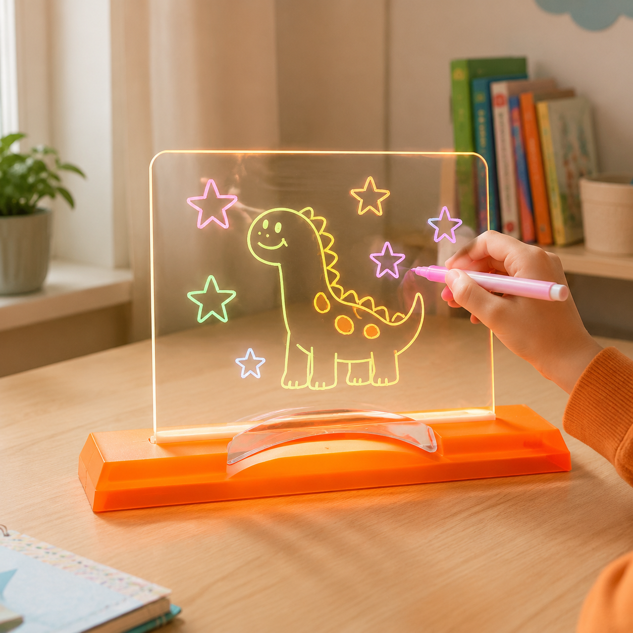 Niño utilizando tablero LED para dibujar y escribir