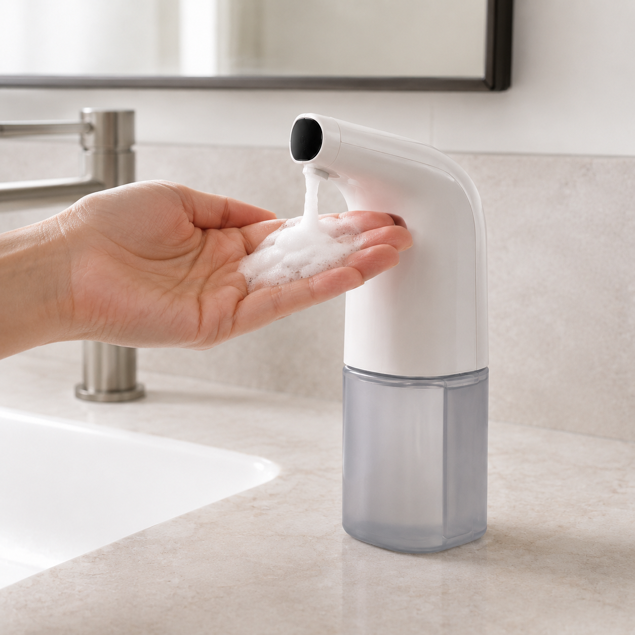 Dispensador automático de jabón con sensor utilizado en las manos